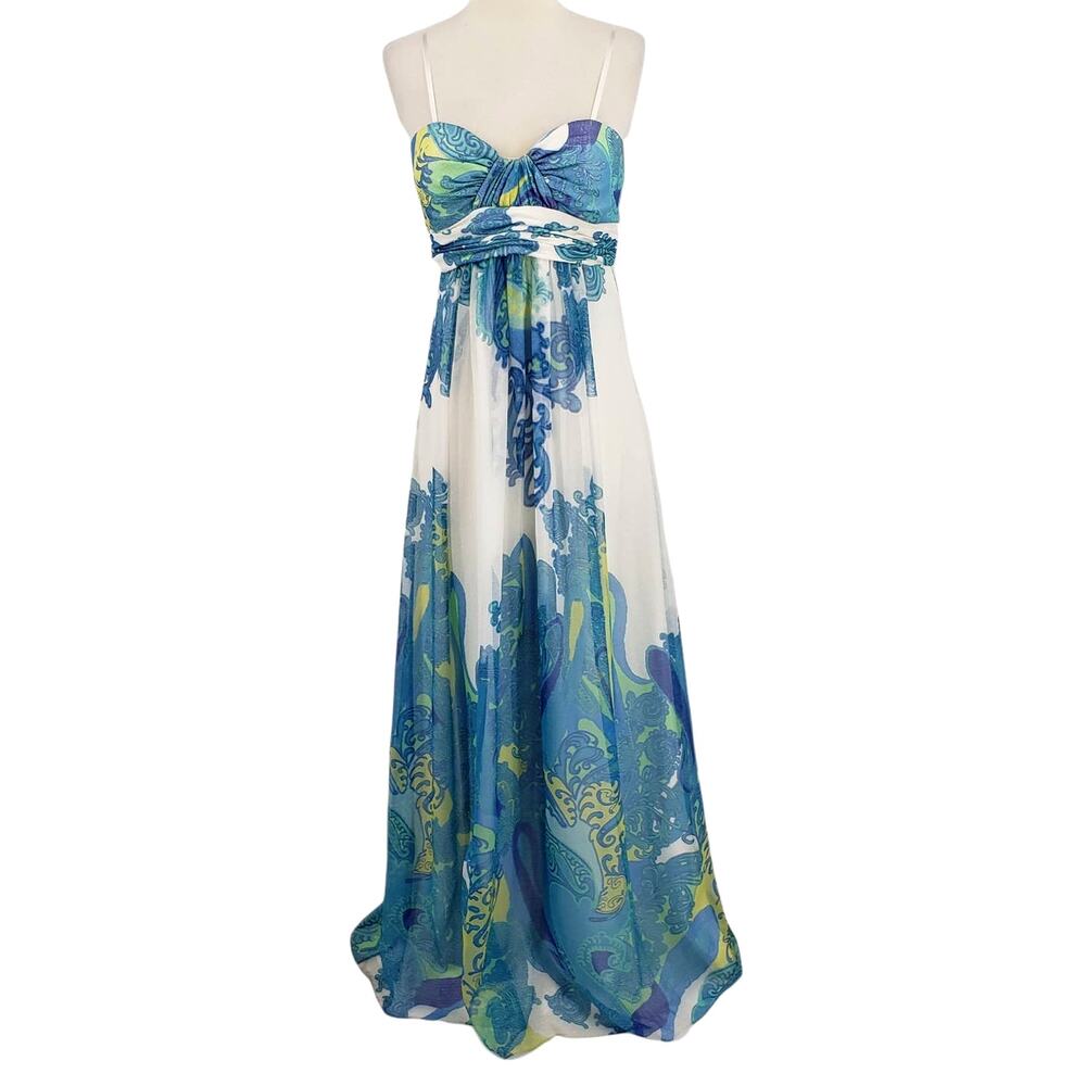 Cache Silk Blend Chiffon Formal Gown with Metallic Paisley Print